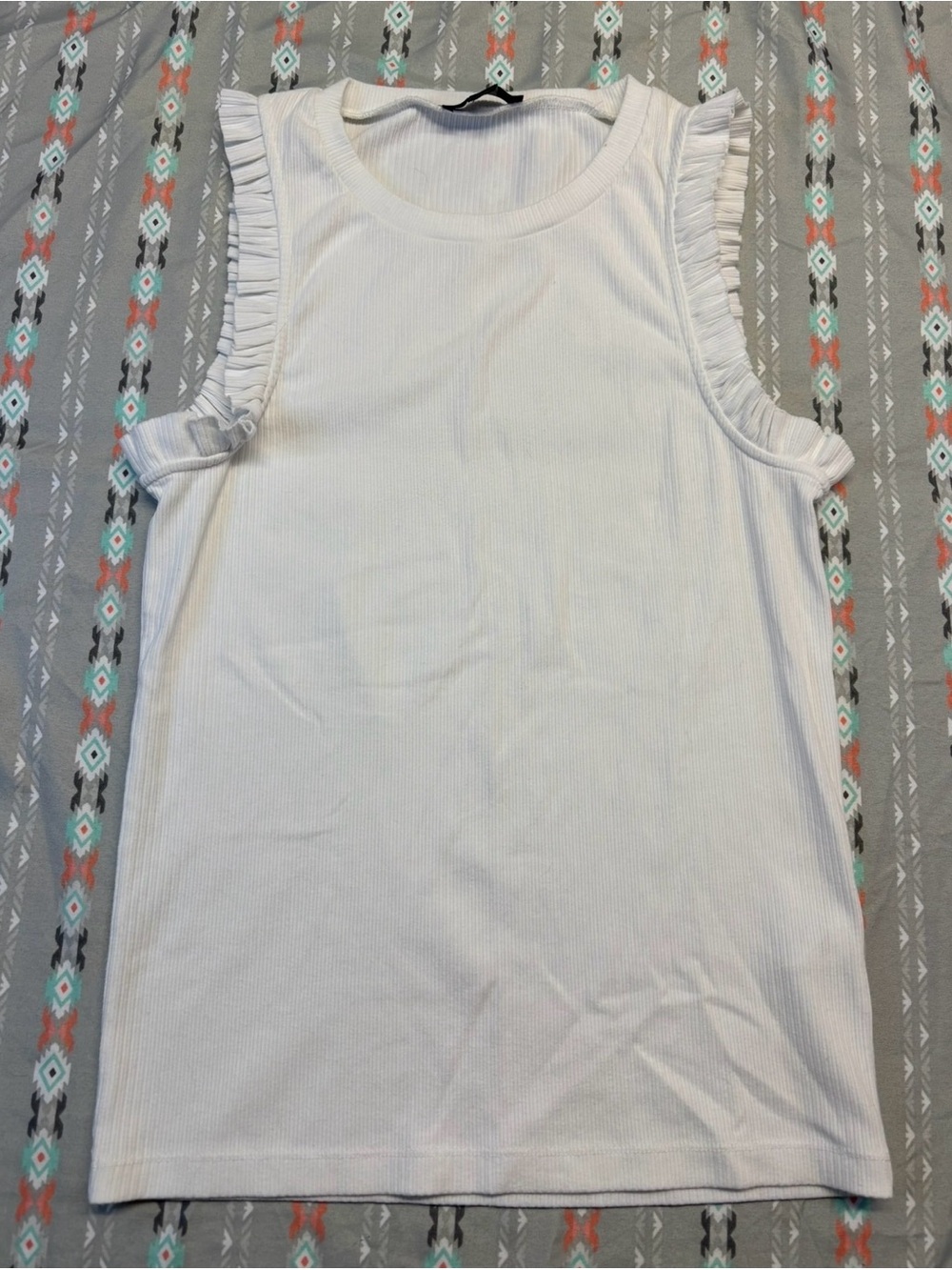 ⚛️J. Crew White Ribbed Tank with Ruffle Sleeve Trim